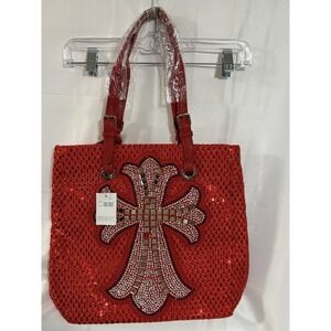 Red Rhinestone Cross Bling Tote Bag Sequin Studded Shoulder Purse NWT Large Glam